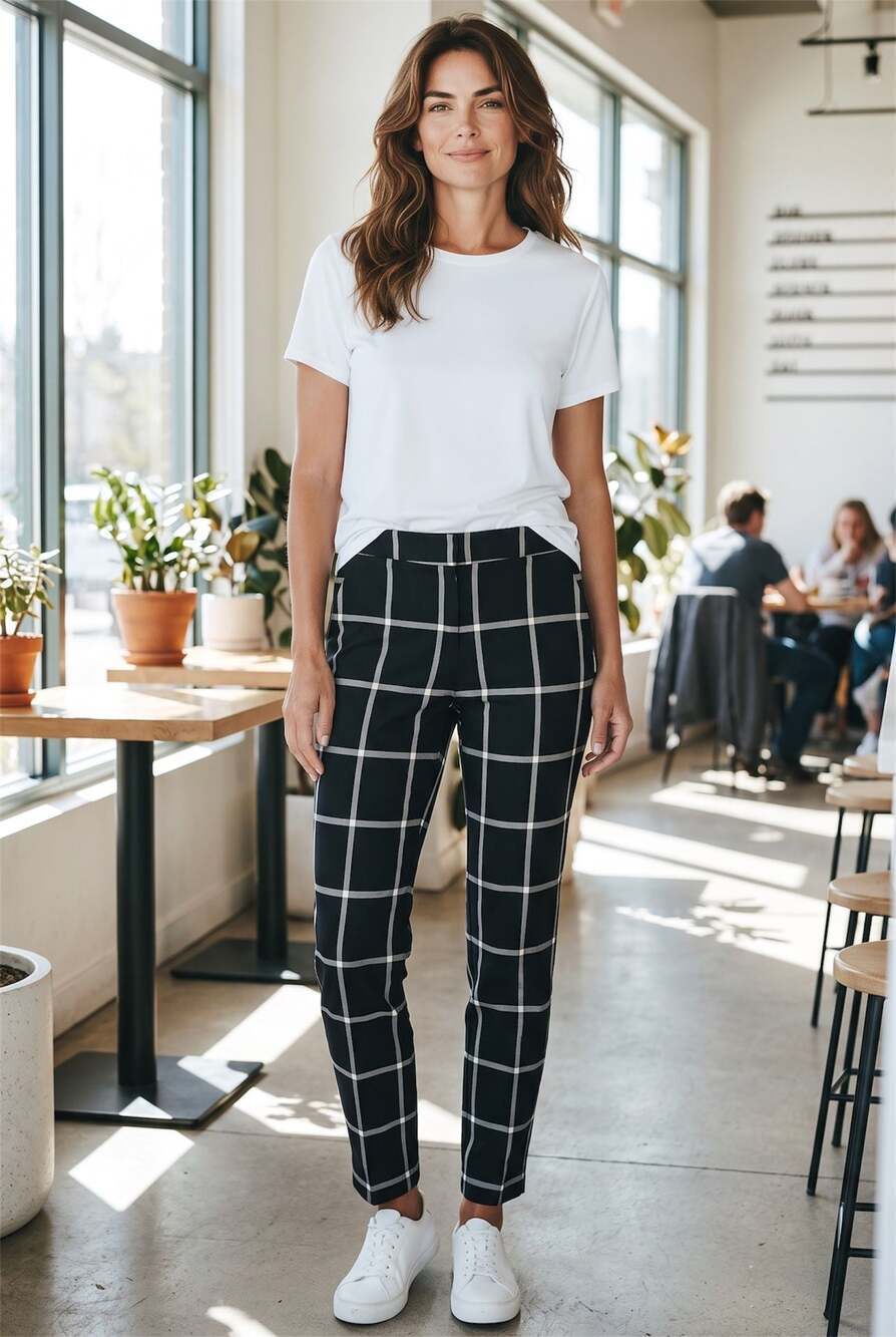 New York & Company Stretch Black and White Grid Plaid Ankle Pants